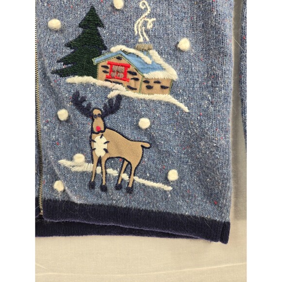 Vtg Christmas Sweater Victoria Jones Cardigan Zip-Up Blue Angora Snowman 90s Med - Picture 3 of 8
